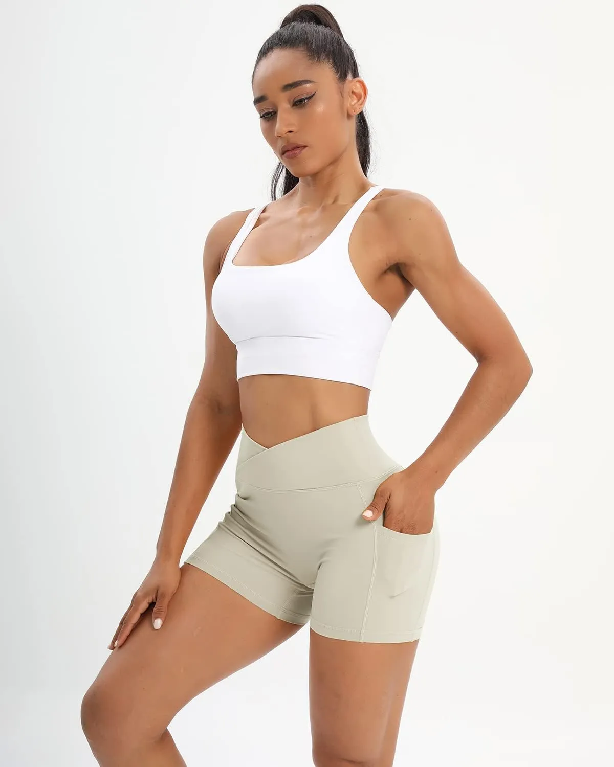 Workout Shorts for Women 2 Pcs Pack Cross Waist Active Gym Spandex Stretchy Yoga Compression with Side Pockets