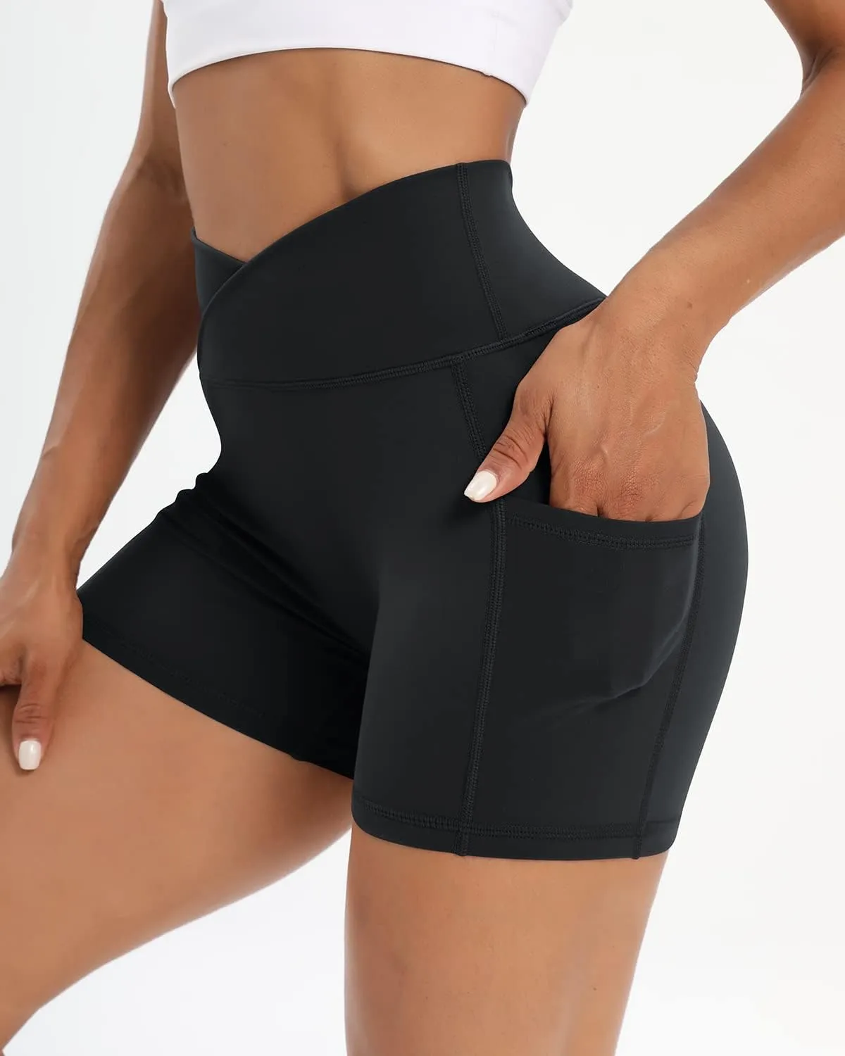 Workout Shorts for Women 2 Pcs Pack Cross Waist Active Gym Spandex Stretchy Yoga Compression with Side Pockets