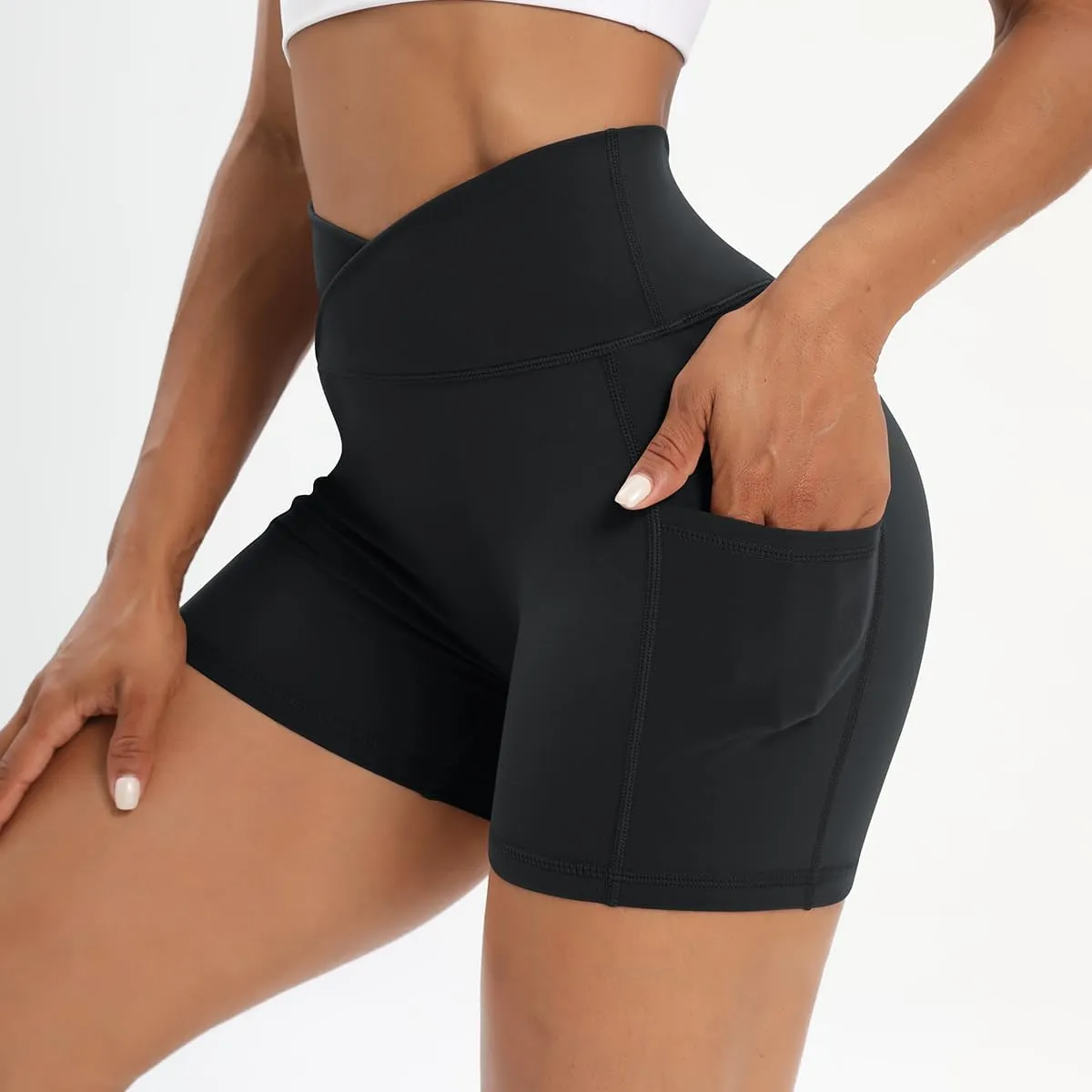 Workout Shorts for Women 2 Pcs Pack Cross Waist Active Gym Spandex Stretchy Yoga Compression with Side Pockets