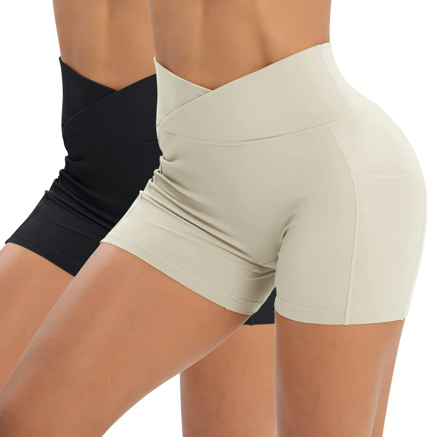 Workout Shorts for Women 2 Pcs Pack Cross Waist Active Gym Spandex Stretchy Yoga Compression with Side Pockets