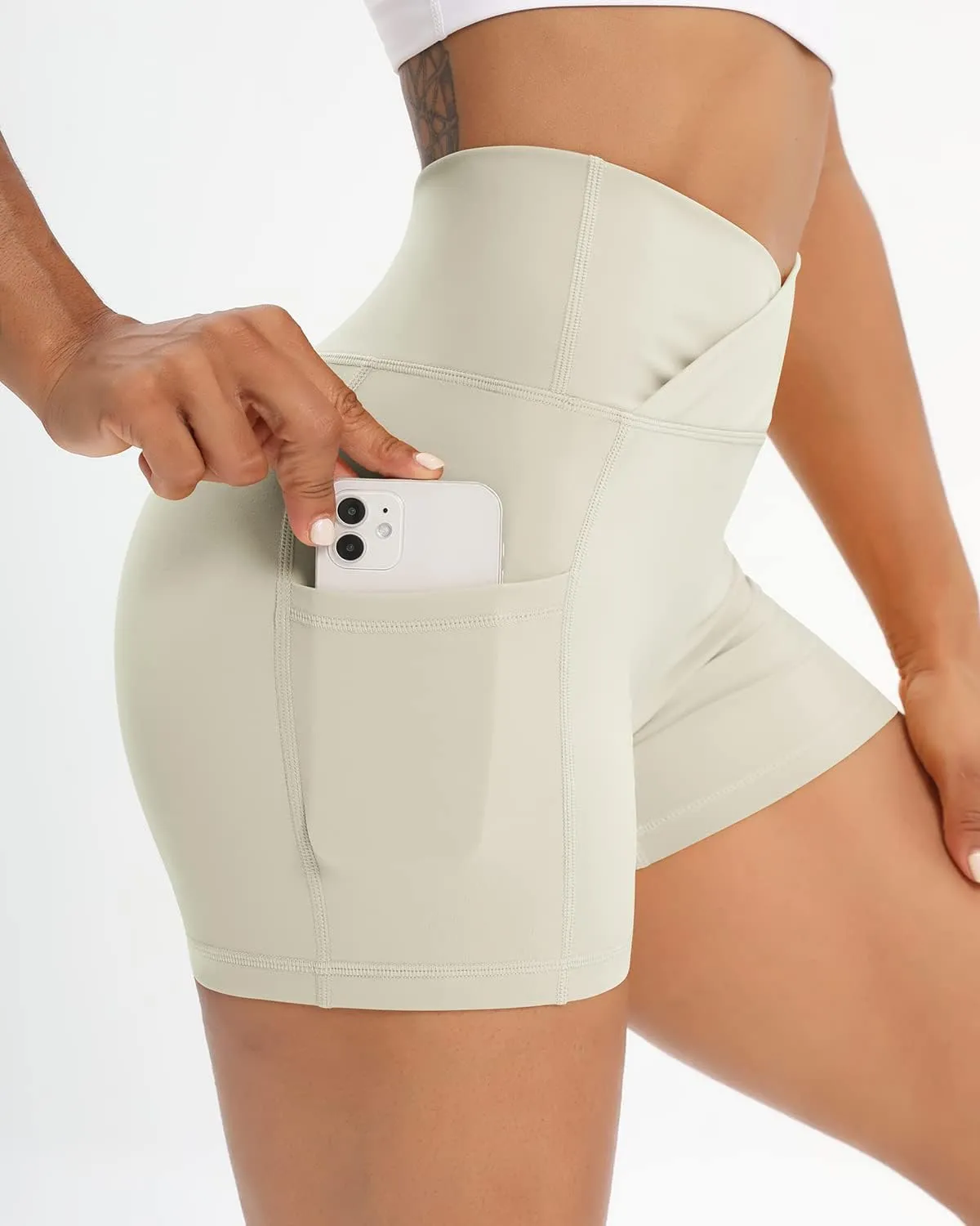 Workout Shorts for Women 2 Pcs Pack Cross Waist Active Gym Spandex Stretchy Yoga Compression with Side Pockets