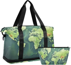 World Map Sports Gym Bag,Travel Duffel bag with Wet Pocket & Shoes Compartment Lightweight Waterproof Overnight Bag for Men Women