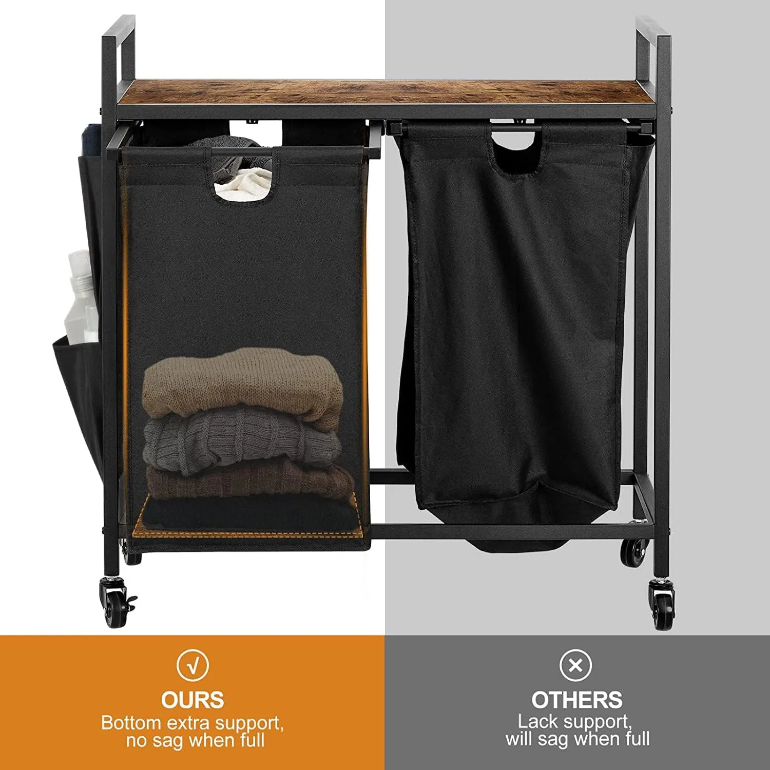 WOWLIVE Double Laundry Hamper with Lid,Rolling Laundry Basket Organizer with Wheels, Iron-Made Laundry Sorter with Top Shelf and 2 Removable Bags,Large Clothes Storage for Room,Black 1