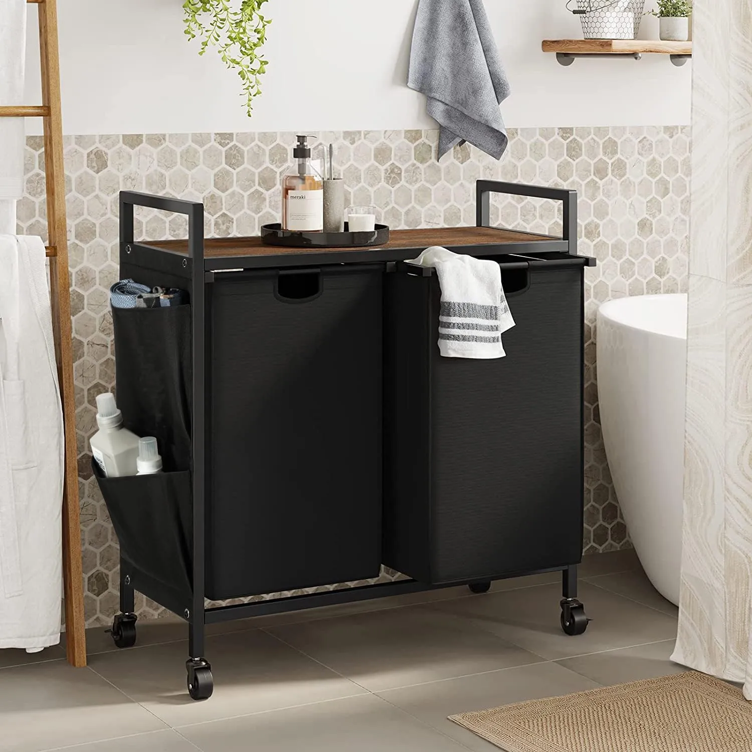 WOWLIVE Double Laundry Hamper with Lid,Rolling Laundry Basket Organizer with Wheels, Iron-Made Laundry Sorter with Top Shelf and 2 Removable Bags,Large Clothes Storage for Room,Black 1