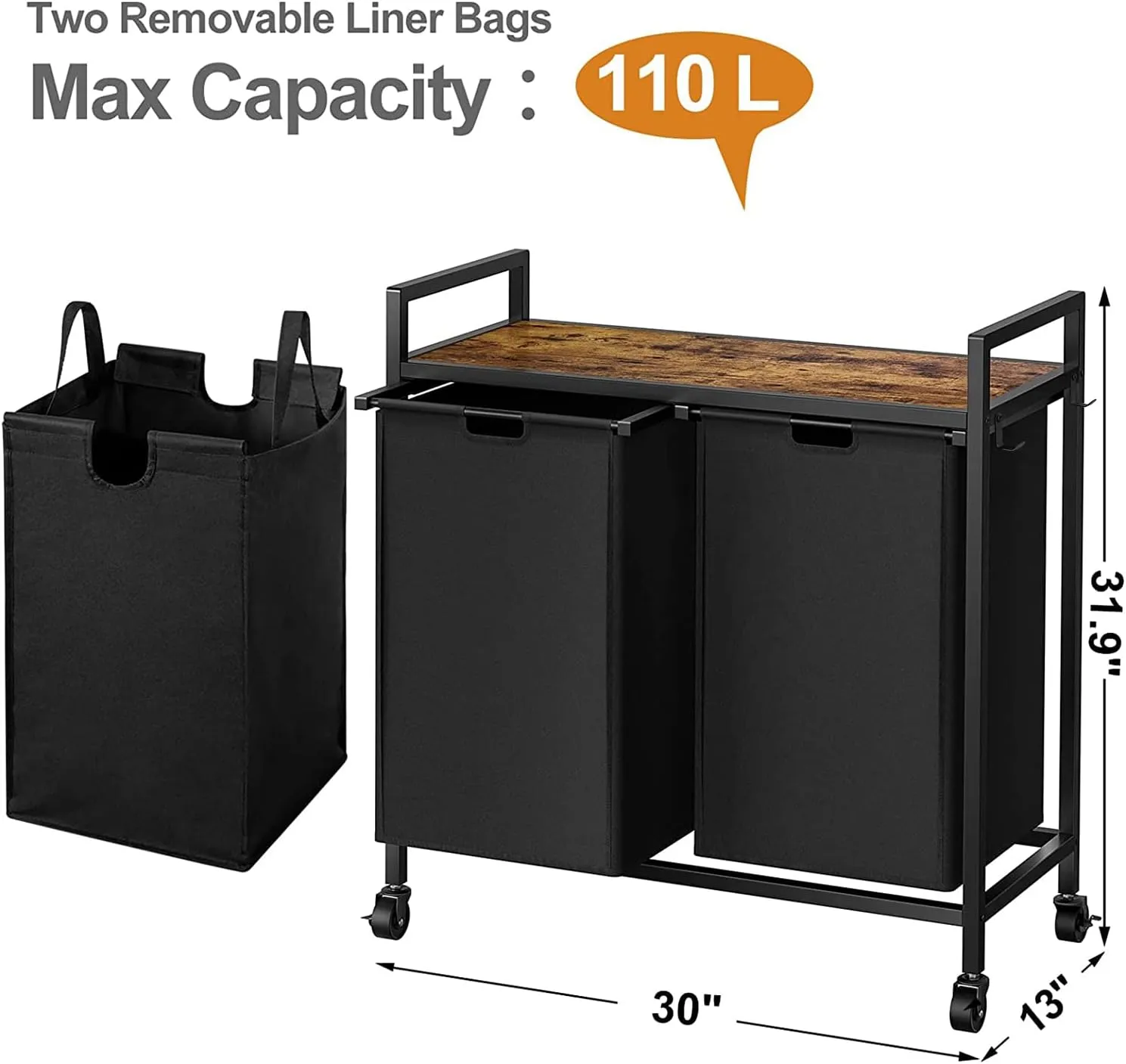 WOWLIVE Double Laundry Hamper with Lid,Rolling Laundry Basket Organizer with Wheels, Iron-Made Laundry Sorter with Top Shelf and 2 Removable Bags,Large Clothes Storage for Room,Black 1