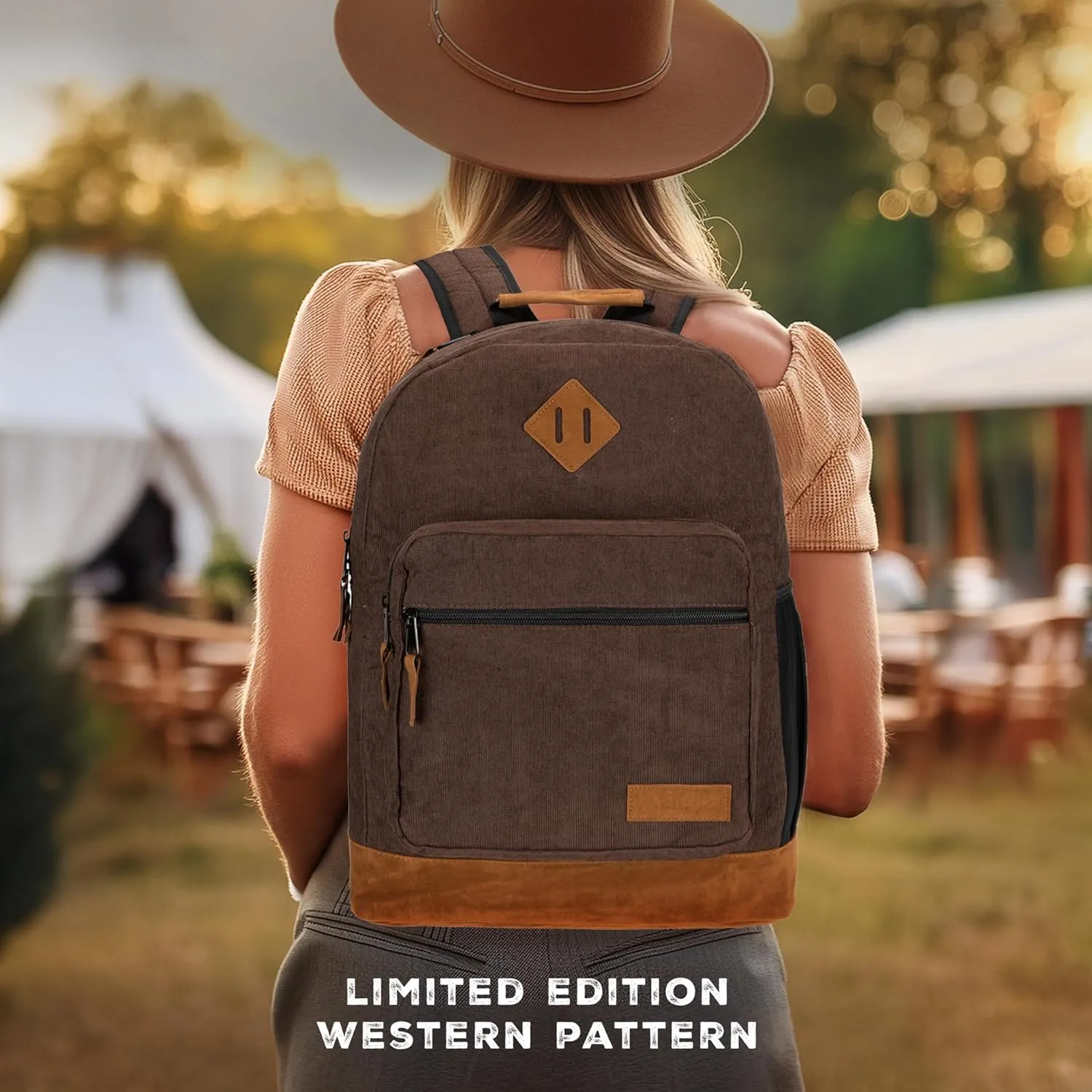 Wrangler Yellowstone Western-Style Backpack Corduroy Casual Daypack for Travel, Everyday Use with Padded Laptop Notebook Sleeve (Dark Brown Corduroy)