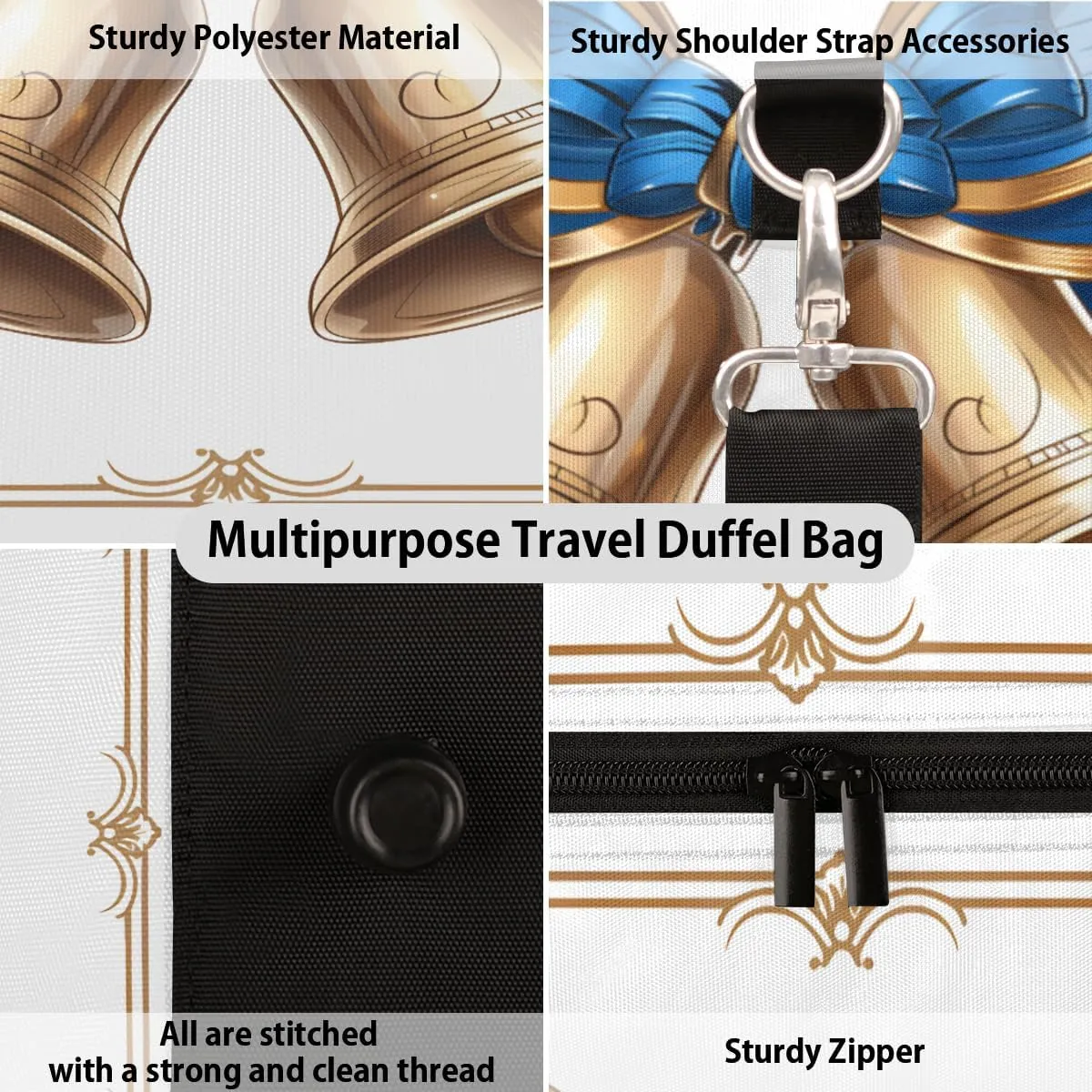 Xmas Bells Travel Duffle Bag, Sports Gym Bags for Women Men, Carry On Weekender Overnight Bag, Christmas Workout Hospital Airplane Trips Bag