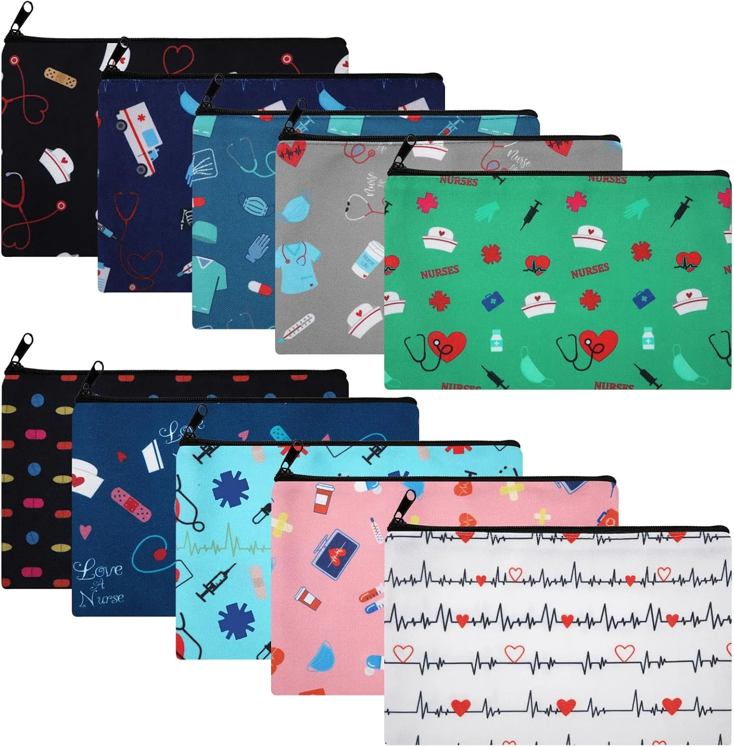Yahenda 10 Pieces Nurse Makeup Bags Nurse Gift Nurse Pattern Canvas Cosmetic Bag, Christmas Birthday Gift for Nurse Practitioner Nursing, Multi Purpose Zipper Pouch for Nurses Supplies