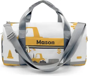 Yellow Construction Truck 2 Personalized Duffel Bag,Custom Travel Gym Bag with Name,Waterproof Sports Overnight Bag with Shoe Compartment & Shoulder Strap