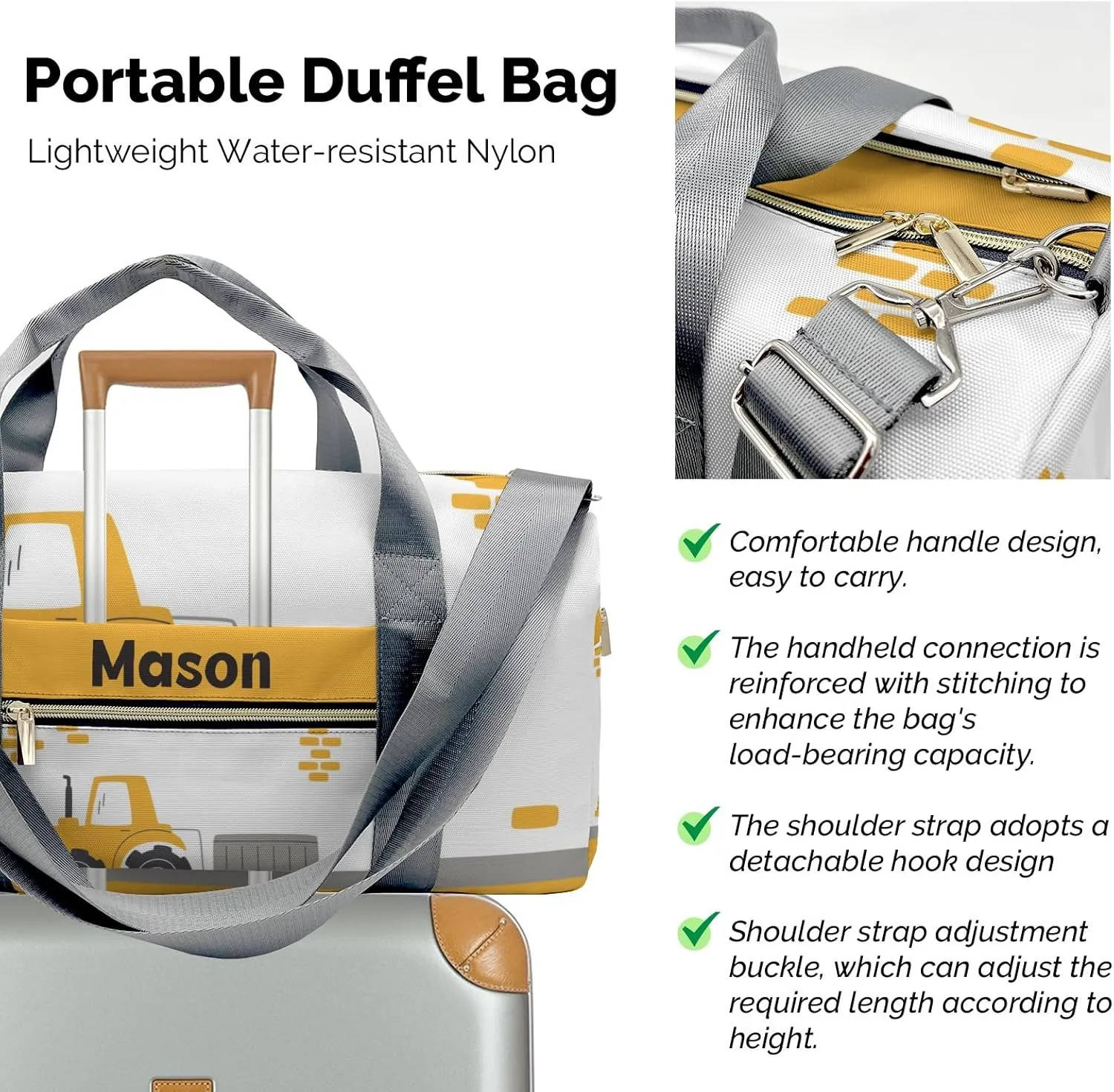 Yellow Construction Truck 2 Personalized Duffel Bag,Custom Travel Gym Bag with Name,Waterproof Sports Overnight Bag with Shoe Compartment & Shoulder Strap