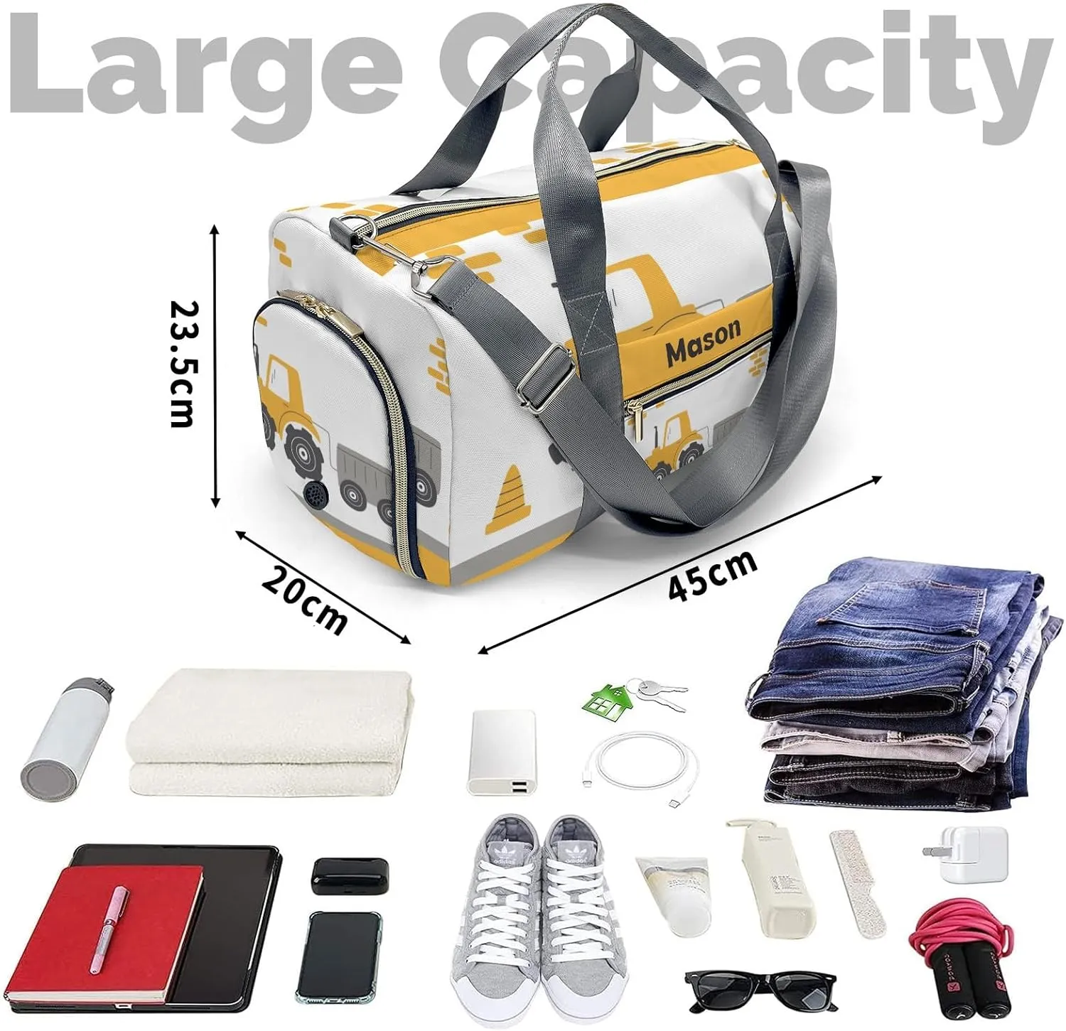 Yellow Construction Truck 2 Personalized Duffel Bag,Custom Travel Gym Bag with Name,Waterproof Sports Overnight Bag with Shoe Compartment & Shoulder Strap