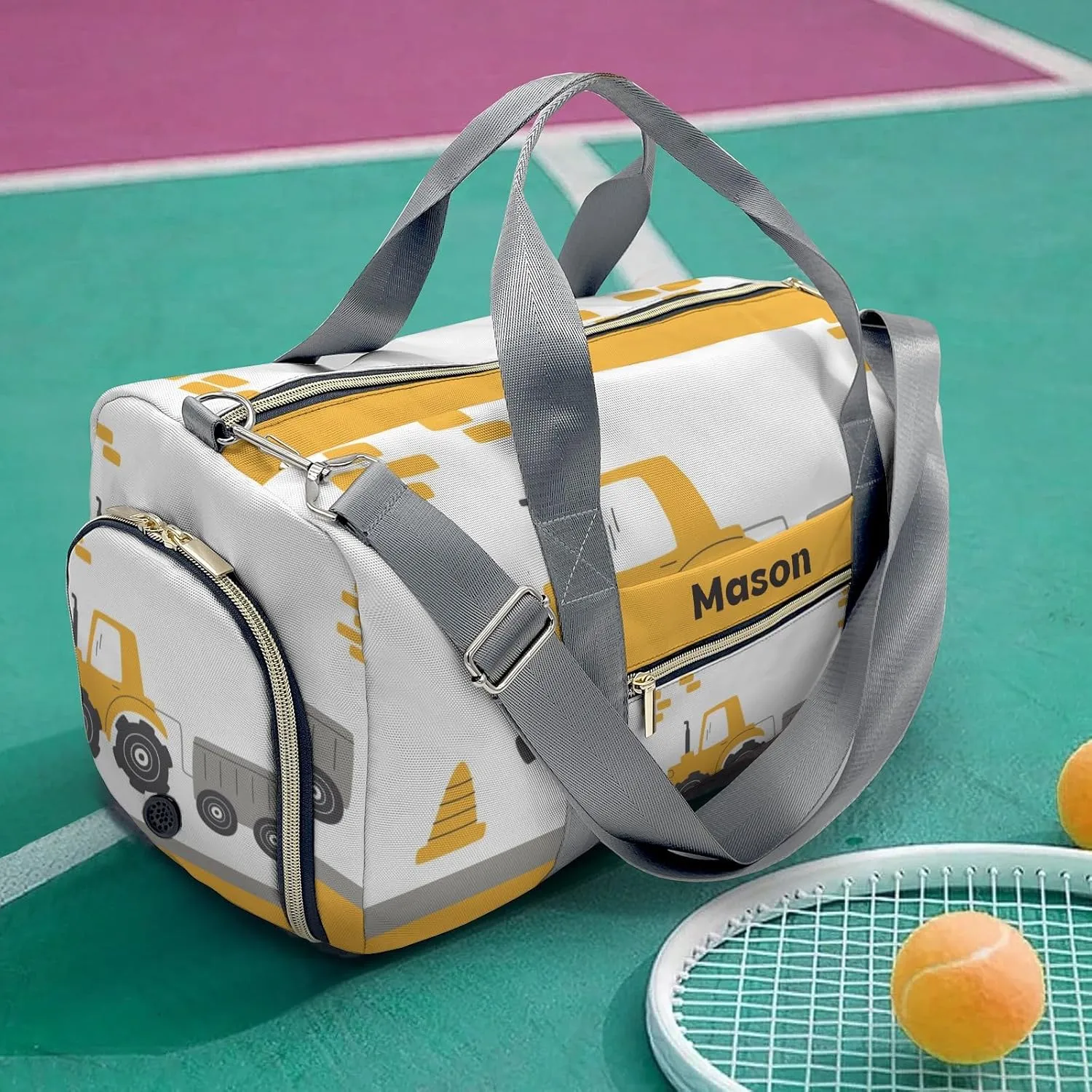 Yellow Construction Truck 2 Personalized Duffel Bag,Custom Travel Gym Bag with Name,Waterproof Sports Overnight Bag with Shoe Compartment & Shoulder Strap