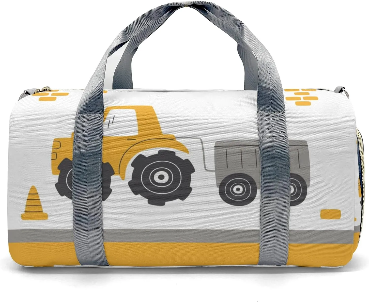 Yellow Construction Truck 2 Personalized Duffel Bag,Custom Travel Gym Bag with Name,Waterproof Sports Overnight Bag with Shoe Compartment & Shoulder Strap