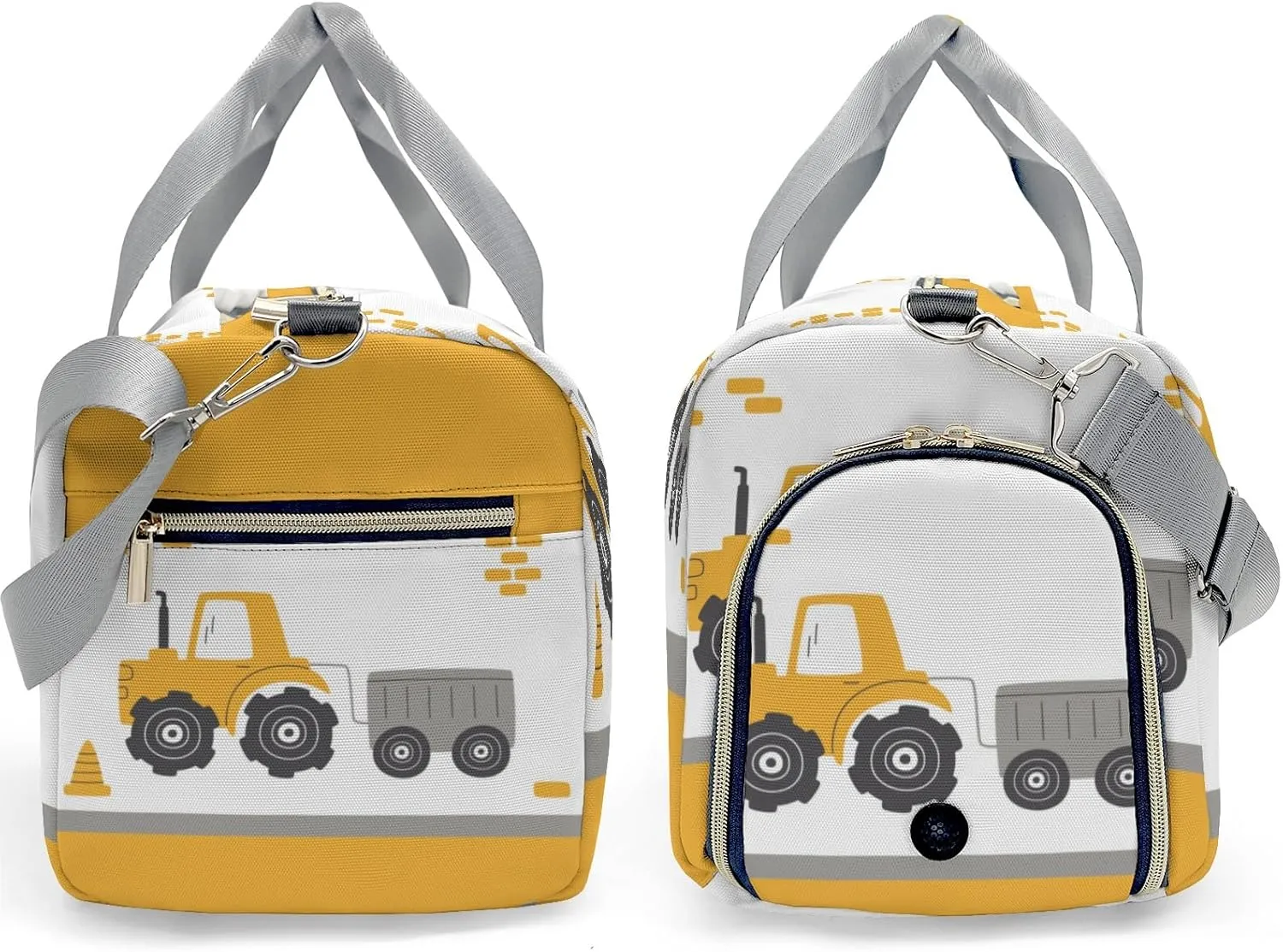Yellow Construction Truck 2 Personalized Duffel Bag,Custom Travel Gym Bag with Name,Waterproof Sports Overnight Bag with Shoe Compartment & Shoulder Strap