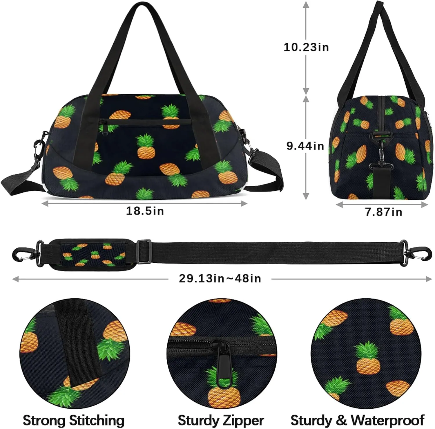 Yellow Pineapples Kids Duffel Bag Lightweight Waterproof Sports Gym Bag with Front Zipper Pocket Foldable Weekender Overnight Bag for School Practice Gymnastic Ballet