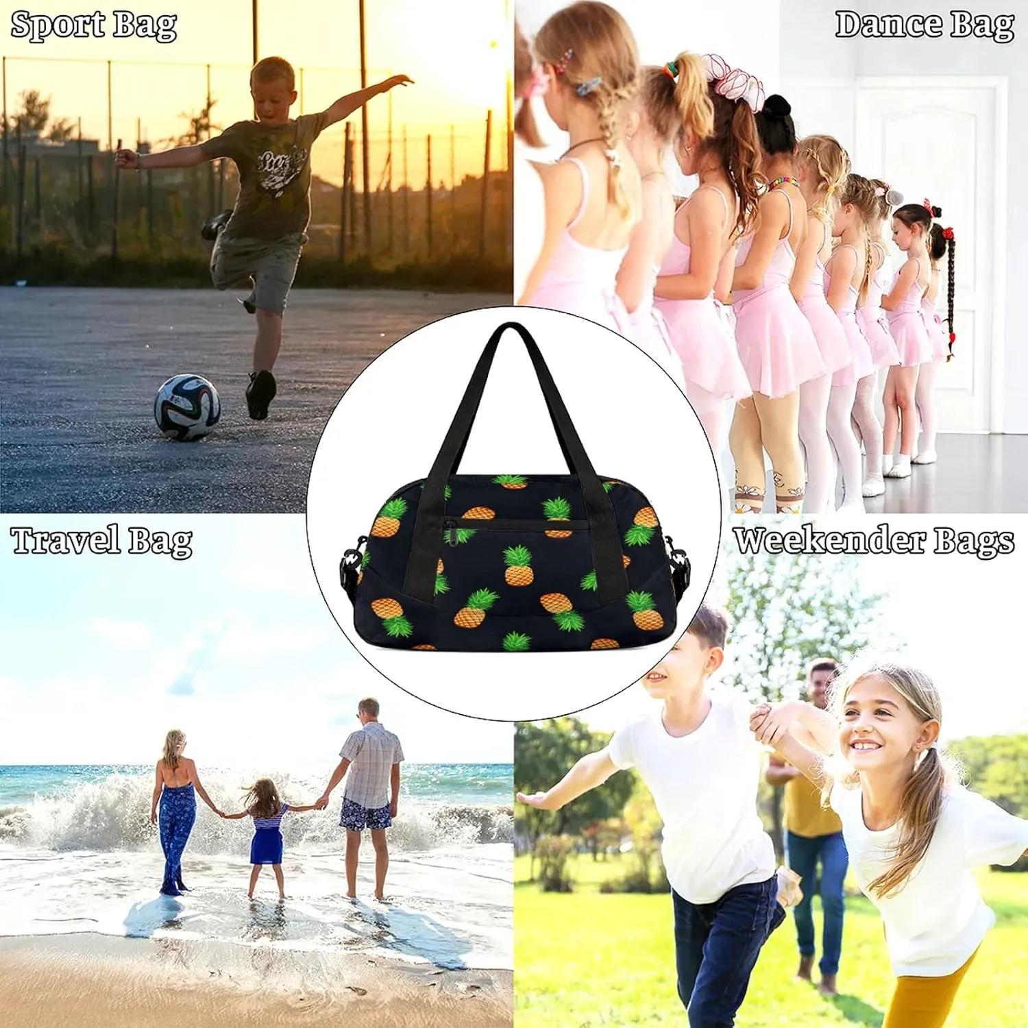 Yellow Pineapples Kids Duffel Bag Lightweight Waterproof Sports Gym Bag with Front Zipper Pocket Foldable Weekender Overnight Bag for School Practice Gymnastic Ballet