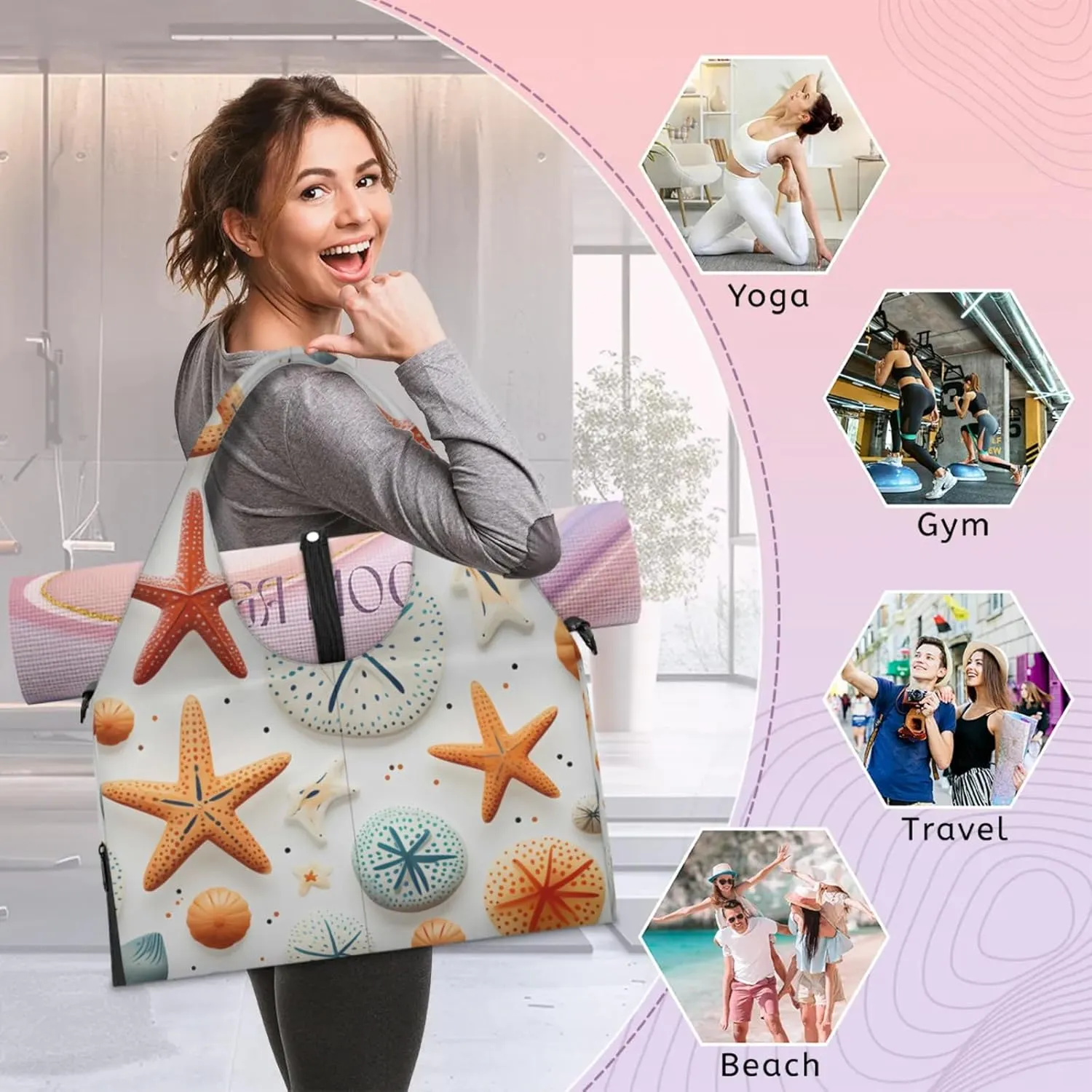 Yoga Tote Bag for Women Nautical Starfish Beach Bag with Shoe Storage & Yoga Mat Strap Waterproof Weekender Duffle Bag for Travel Fitness Weekend Trips