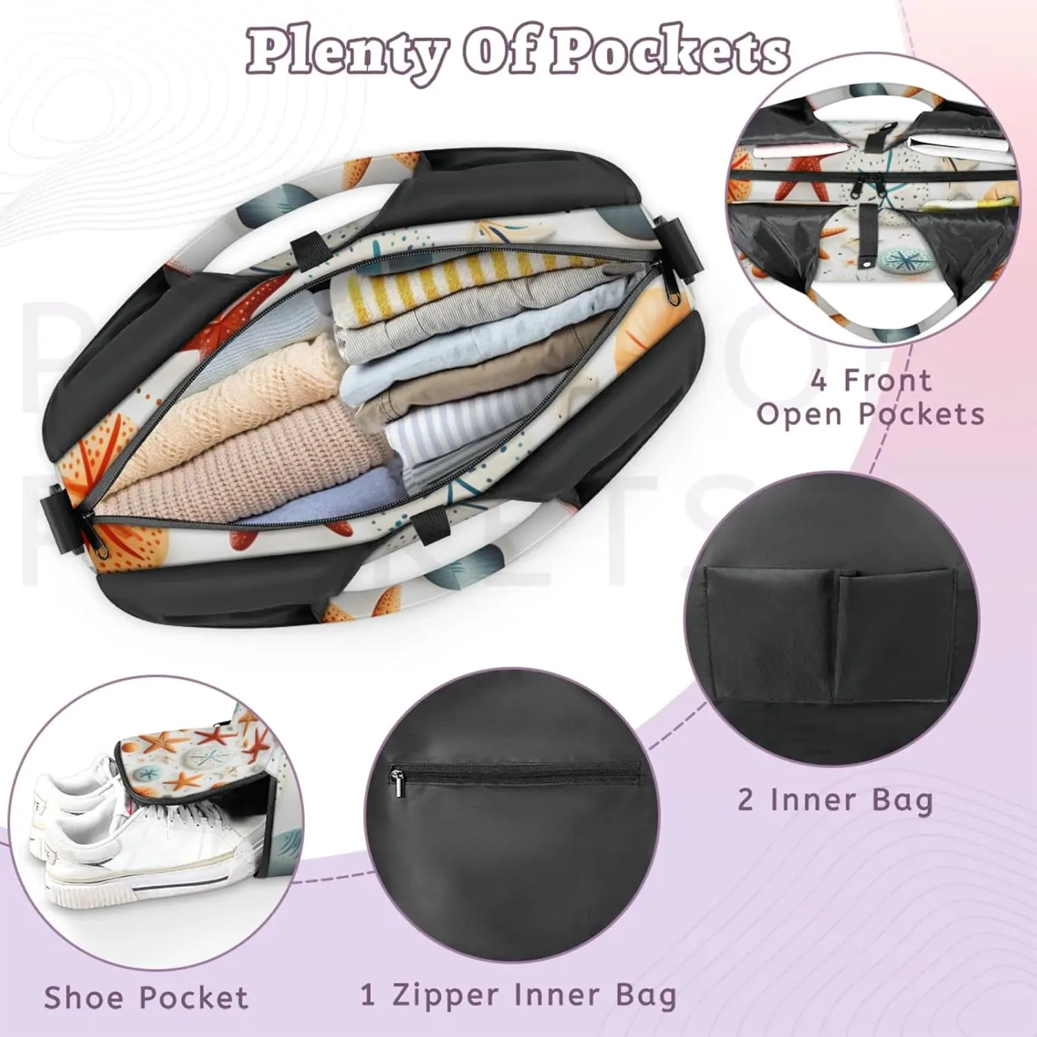 Yoga Tote Bag for Women Nautical Starfish Beach Bag with Shoe Storage & Yoga Mat Strap Waterproof Weekender Duffle Bag for Travel Fitness Weekend Trips