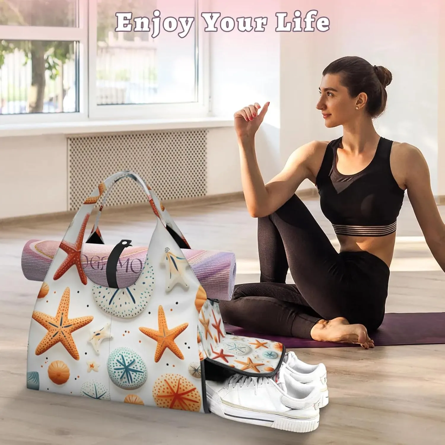 Yoga Tote Bag for Women Nautical Starfish Beach Bag with Shoe Storage & Yoga Mat Strap Waterproof Weekender Duffle Bag for Travel Fitness Weekend Trips