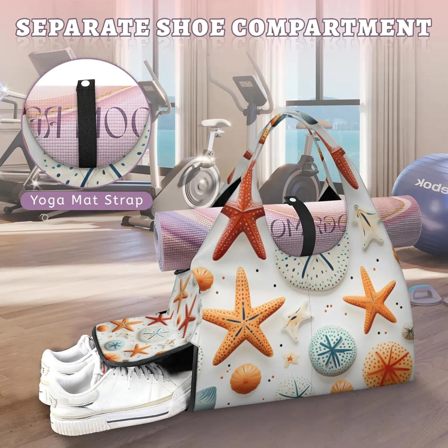 Yoga Tote Bag for Women Nautical Starfish Beach Bag with Shoe Storage & Yoga Mat Strap Waterproof Weekender Duffle Bag for Travel Fitness Weekend Trips