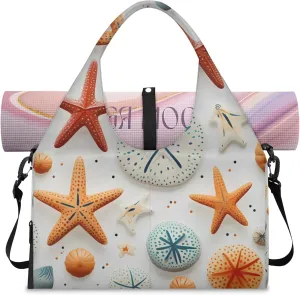 Yoga Tote Bag for Women Nautical Starfish Beach Bag with Shoe Storage & Yoga Mat Strap Waterproof Weekender Duffle Bag for Travel Fitness Weekend Trips