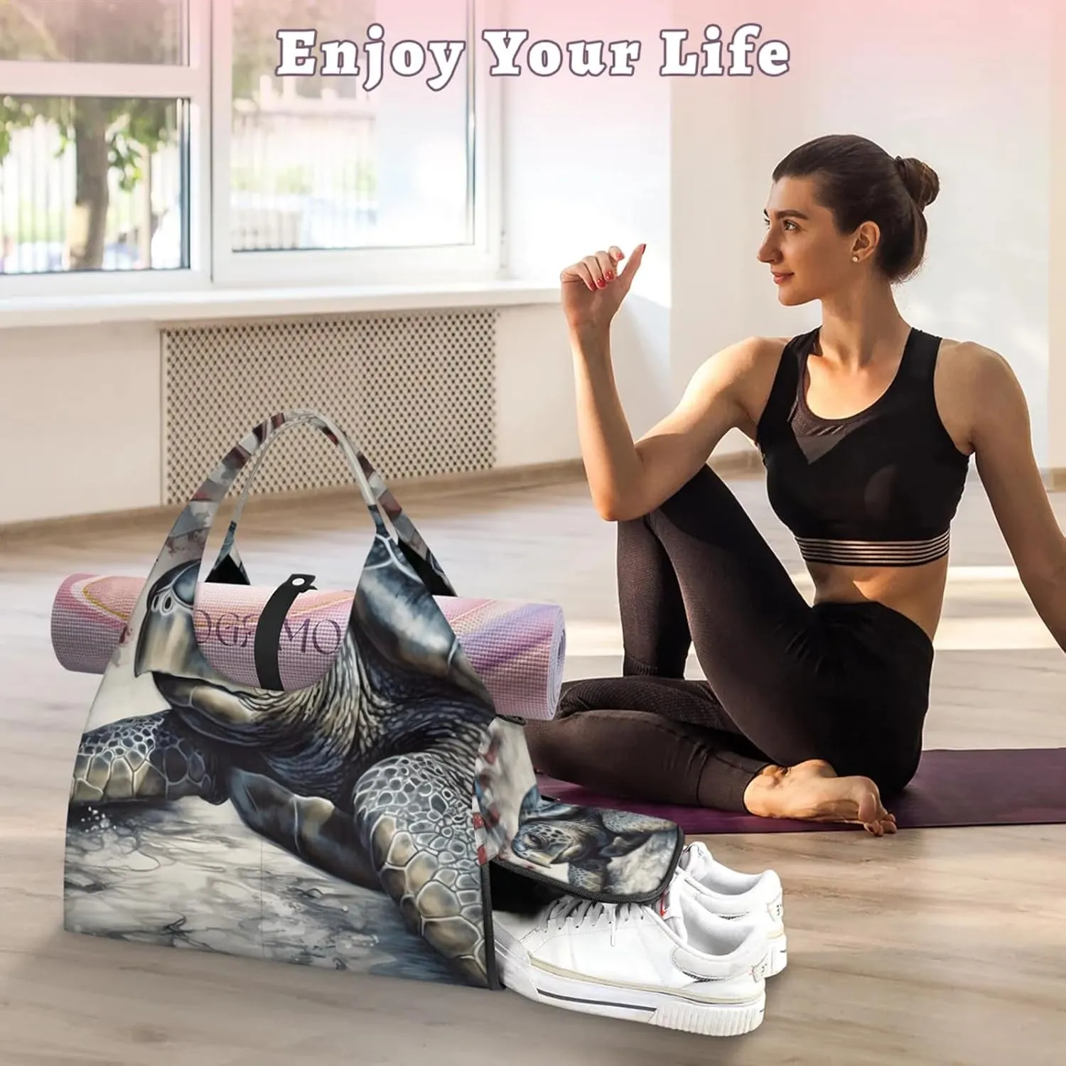 Yoga Tote Bag for Women Sea Turtle Stars Stripes Beach Bag with Shoe Storage & Yoga Mat Strap Waterproof Weekender Duffle Bag for Travel Fitness Weekend Trips