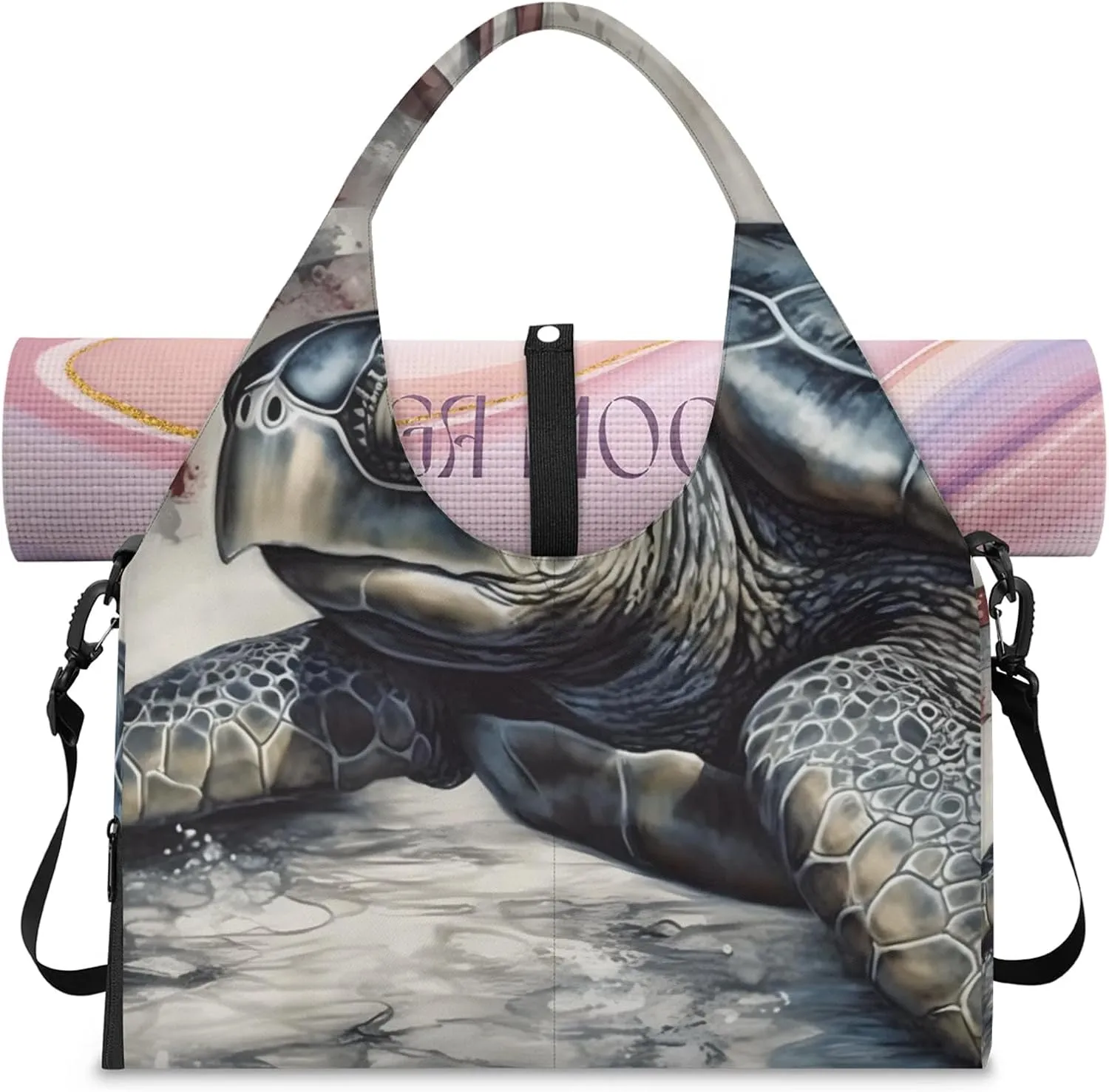 Yoga Tote Bag for Women Sea Turtle Stars Stripes Beach Bag with Shoe Storage & Yoga Mat Strap Waterproof Weekender Duffle Bag for Travel Fitness Weekend Trips