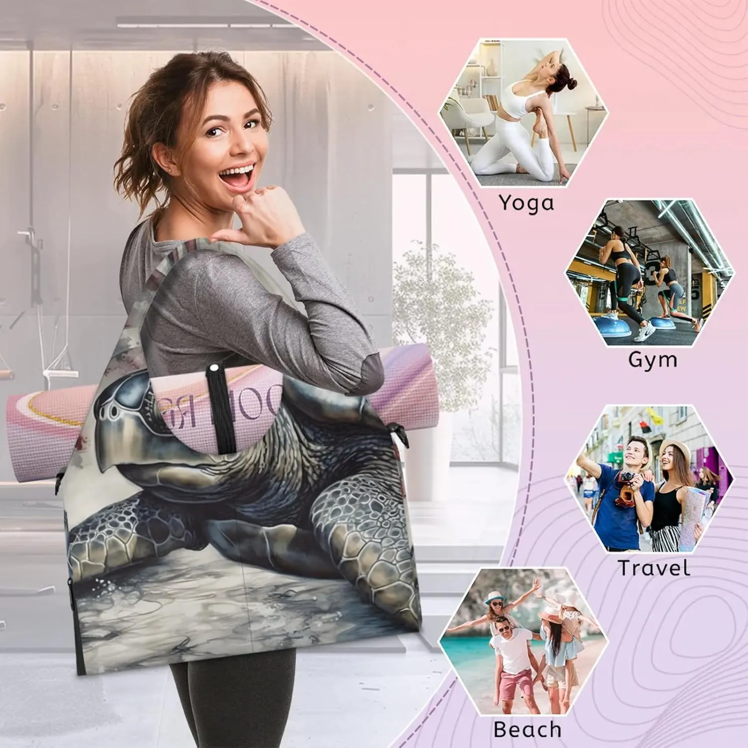 Yoga Tote Bag for Women Sea Turtle Stars Stripes Beach Bag with Shoe Storage & Yoga Mat Strap Waterproof Weekender Duffle Bag for Travel Fitness Weekend Trips