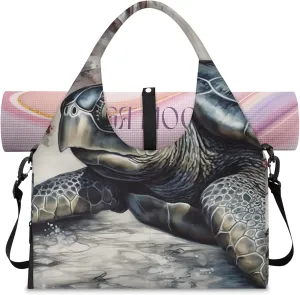 Yoga Tote Bag for Women Sea Turtle Stars Stripes Beach Bag with Shoe Storage & Yoga Mat Strap Waterproof Weekender Duffle Bag for Travel Fitness Weekend Trips