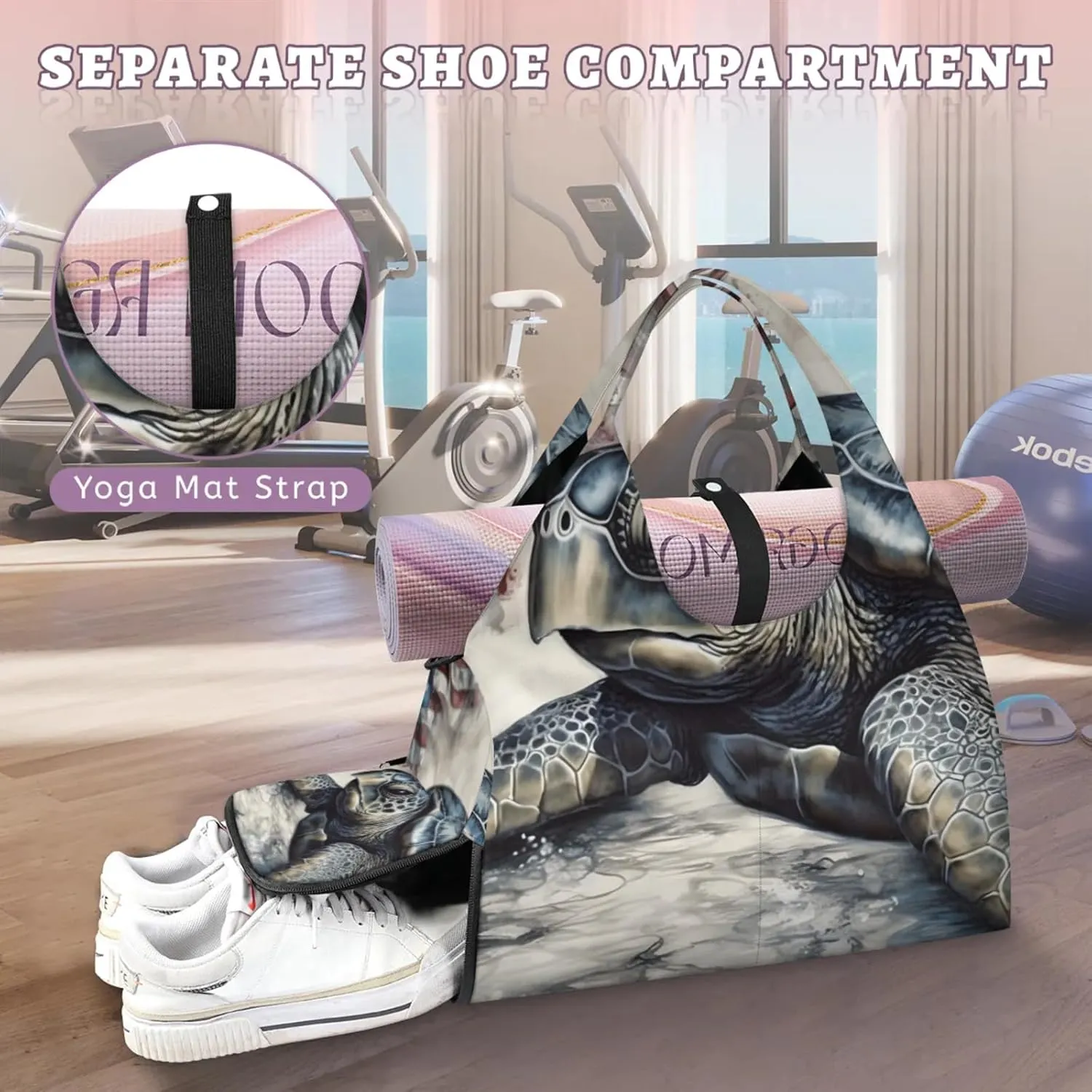 Yoga Tote Bag for Women Sea Turtle Stars Stripes Beach Bag with Shoe Storage & Yoga Mat Strap Waterproof Weekender Duffle Bag for Travel Fitness Weekend Trips