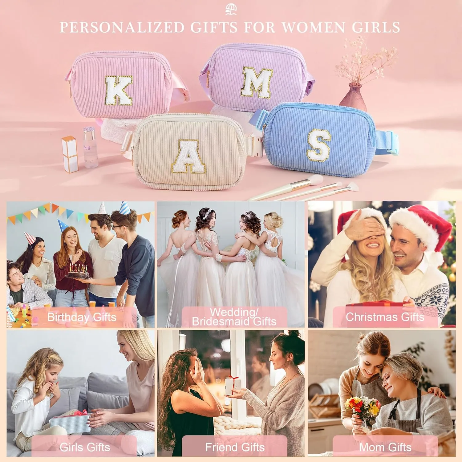 YOOLIFE Birthday Gifts for 4 5 6 7 8 9 10 11 12 13 14 Year Old Girls - Belt Bag for Kids Teens Girls 8-12, Initial Fanny Pack Belt Bag Purse for Girl Teen Daughter Sister Kids Birthday Gift (White L)