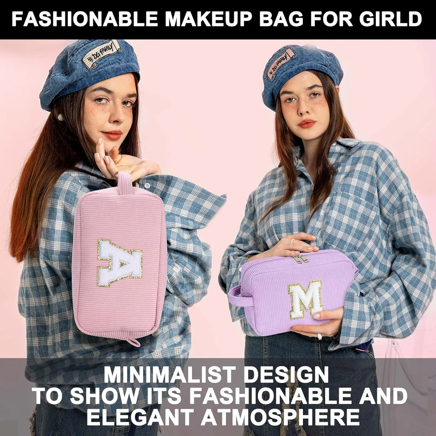YOOLIFE Initial Makeup Bag - Travel Cosmetic Bag for Women & Teen Girls - Personalized Gifts for Best Friend, Sister or Herself