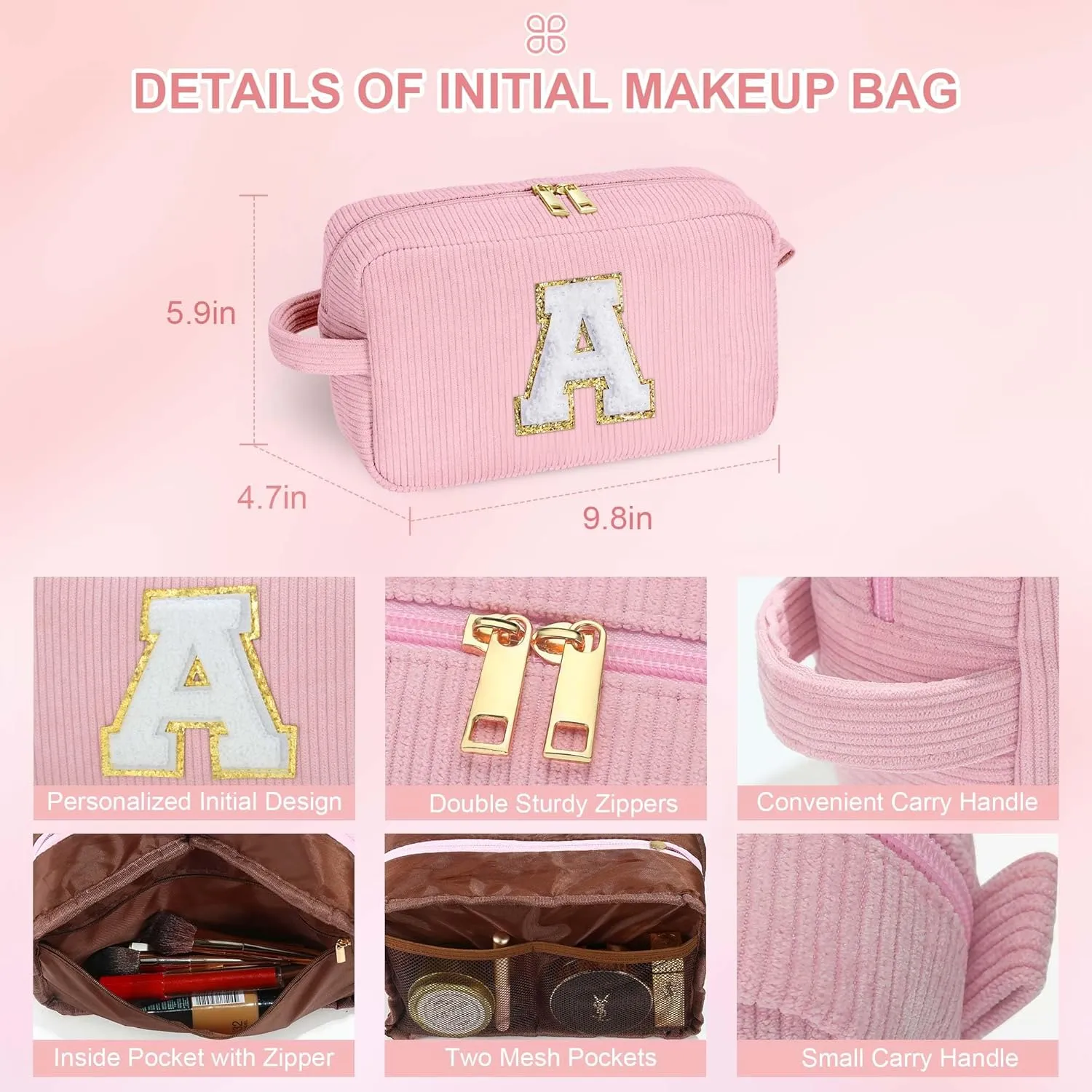 YOOLIFE Initial Makeup Bag - Travel Cosmetic Bag for Women & Teen Girls - Personalized Gifts for Best Friend, Sister or Herself
