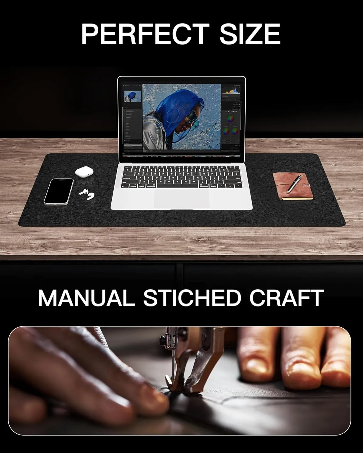 YSAGi Genuine Leather Desk Mat, 35.4"X17" Leather Desk Mat, Office Desk Pad, Thick Desk Pad with Stitched Line, Non-Slip Laptop Writing Pad with Rubber Base(Black, 35.4"X17")