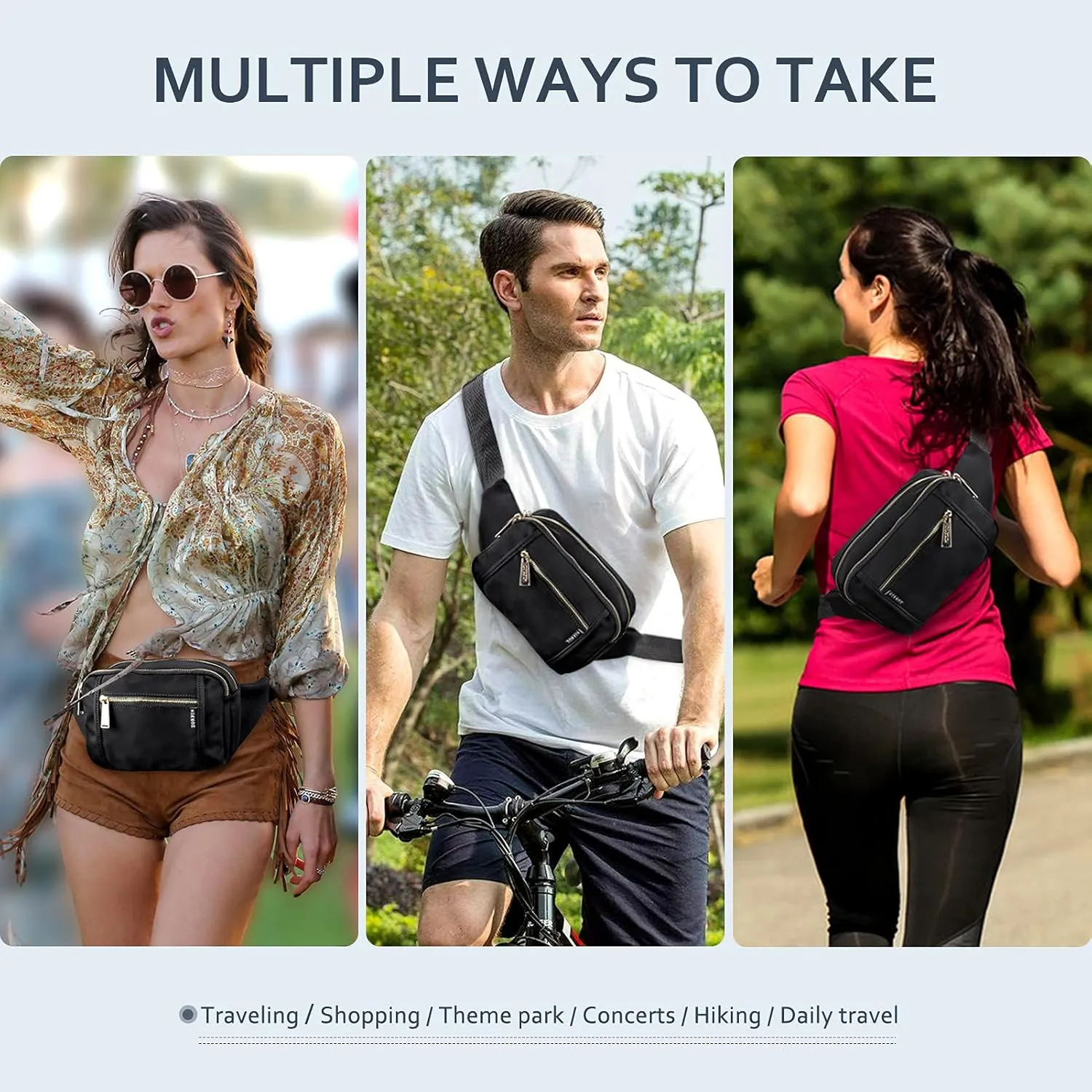 ZORFIN Fanny Packs for Women Men, Belt Bag with 5 Zipper Pockets, Fashion Waist Pack Crossbody Bag with Adjustable Belt for Travel/Shopping/Hiking/Running/Cycling (Ivory, Gray Zipper)