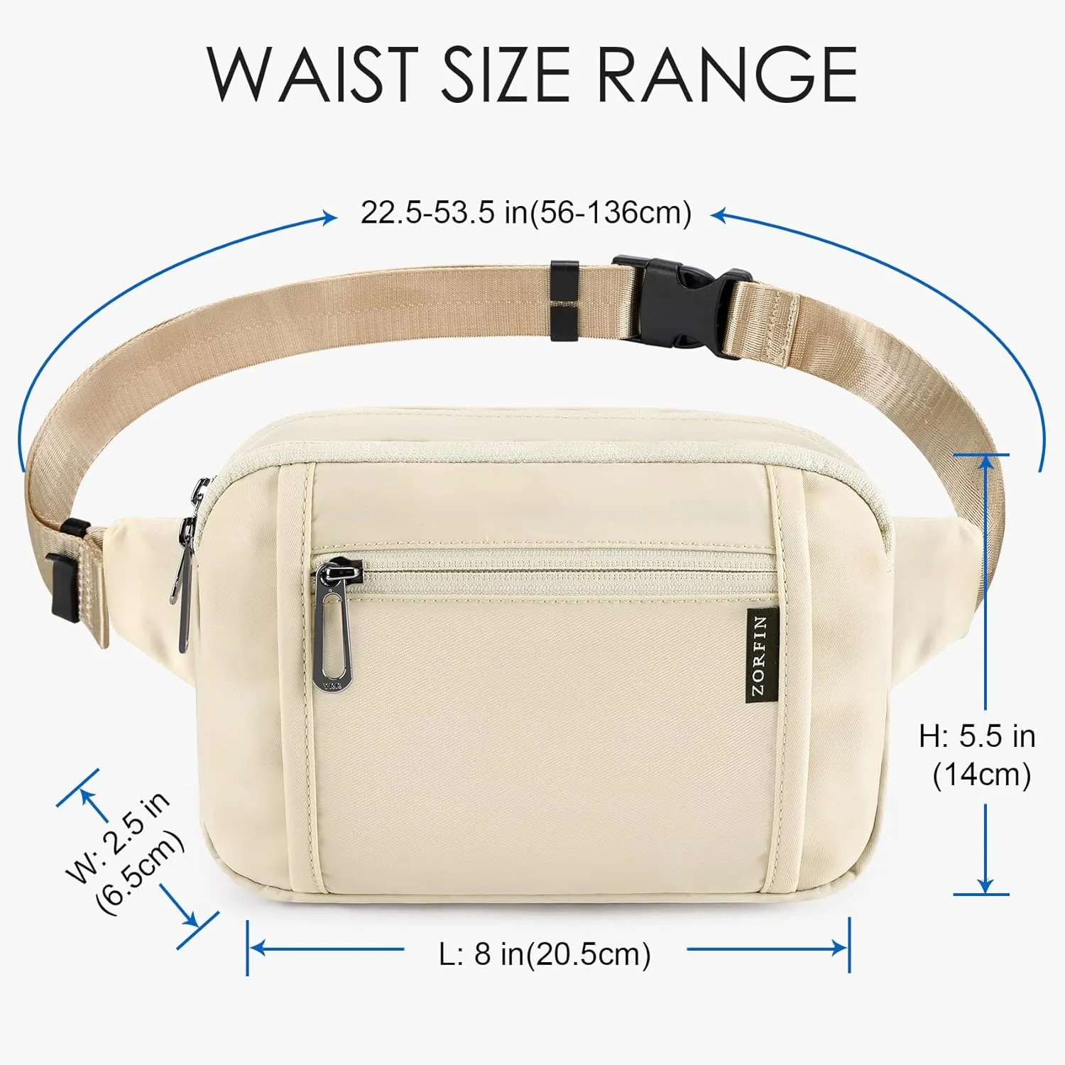 ZORFIN Fanny Packs for Women Men, Belt Bag with 5 Zipper Pockets, Fashion Waist Pack Crossbody Bag with Adjustable Belt for Travel/Shopping/Hiking/Running/Cycling (Ivory, Gray Zipper)