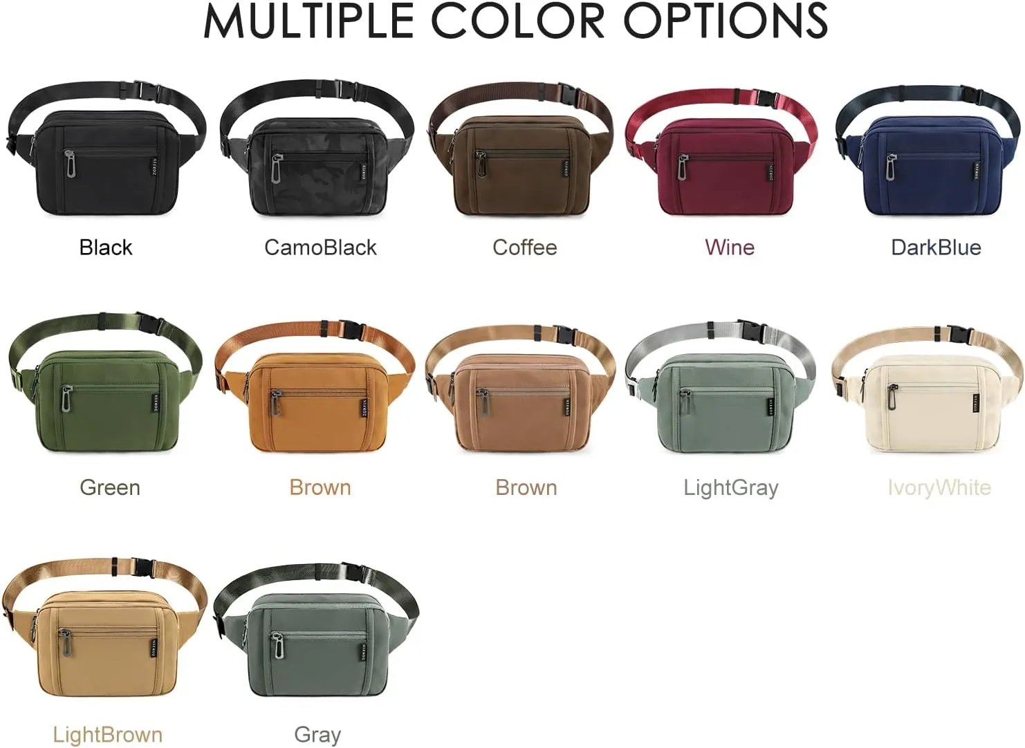 ZORFIN Fanny Packs for Women Men, Belt Bag with 5 Zipper Pockets, Fashion Waist Pack Crossbody Bag with Adjustable Belt for Travel/Shopping/Hiking/Running/Cycling (Ivory, Gray Zipper)