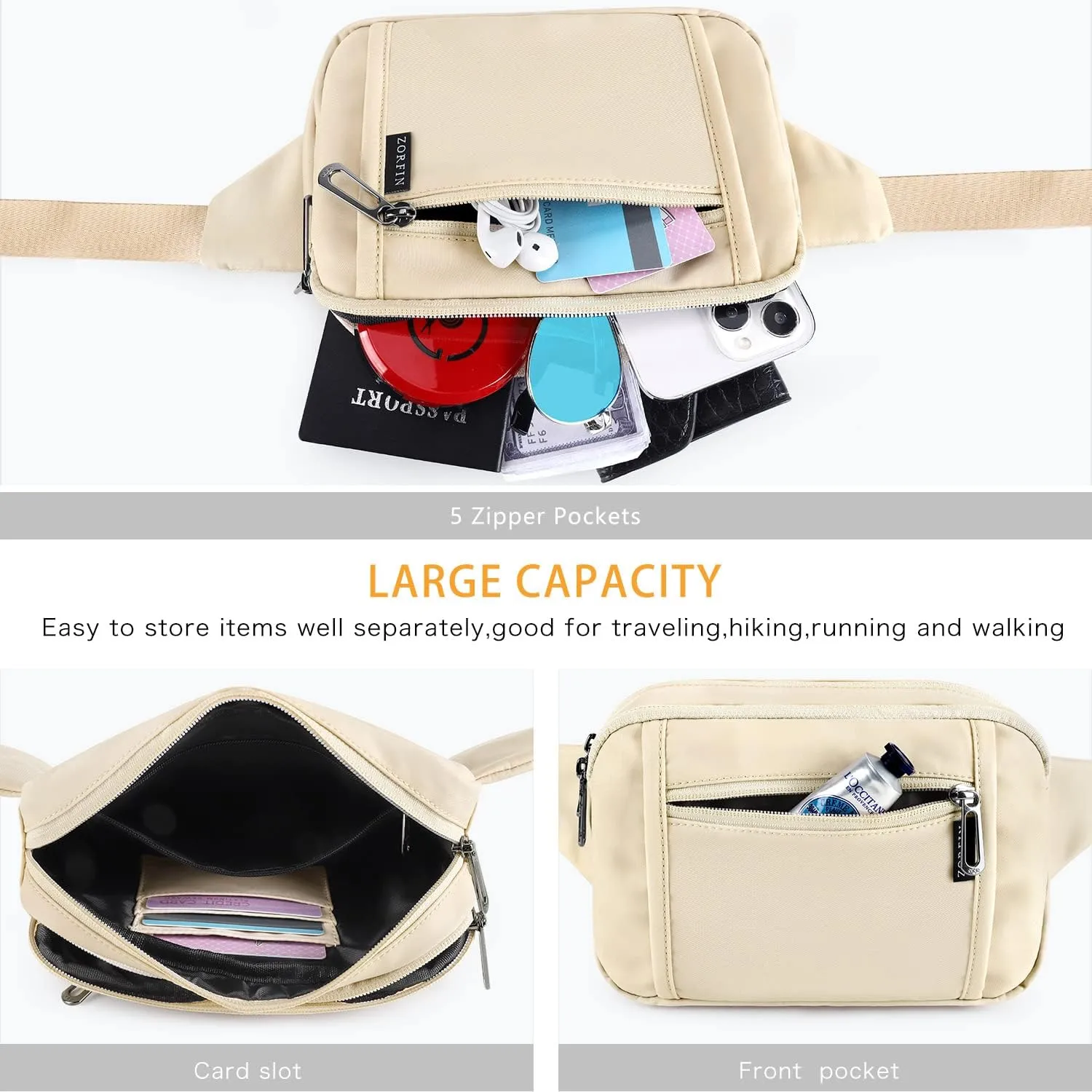 ZORFIN Fanny Packs for Women Men, Belt Bag with 5 Zipper Pockets, Fashion Waist Pack Crossbody Bag with Adjustable Belt for Travel/Shopping/Hiking/Running/Cycling (Ivory, Gray Zipper)