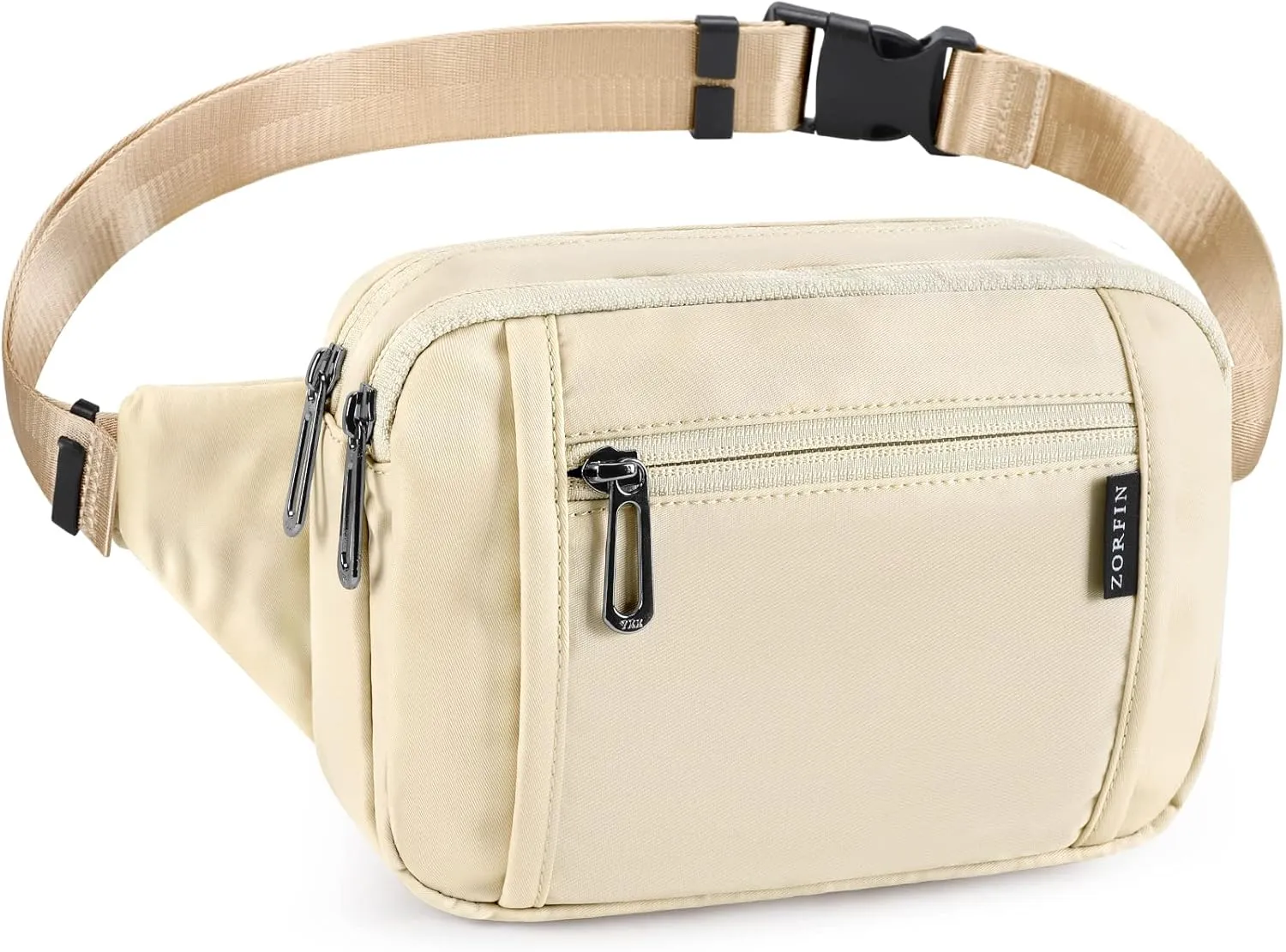 ZORFIN Fanny Packs for Women Men, Belt Bag with 5 Zipper Pockets, Fashion Waist Pack Crossbody Bag with Adjustable Belt for Travel/Shopping/Hiking/Running/Cycling (Ivory, Gray Zipper)